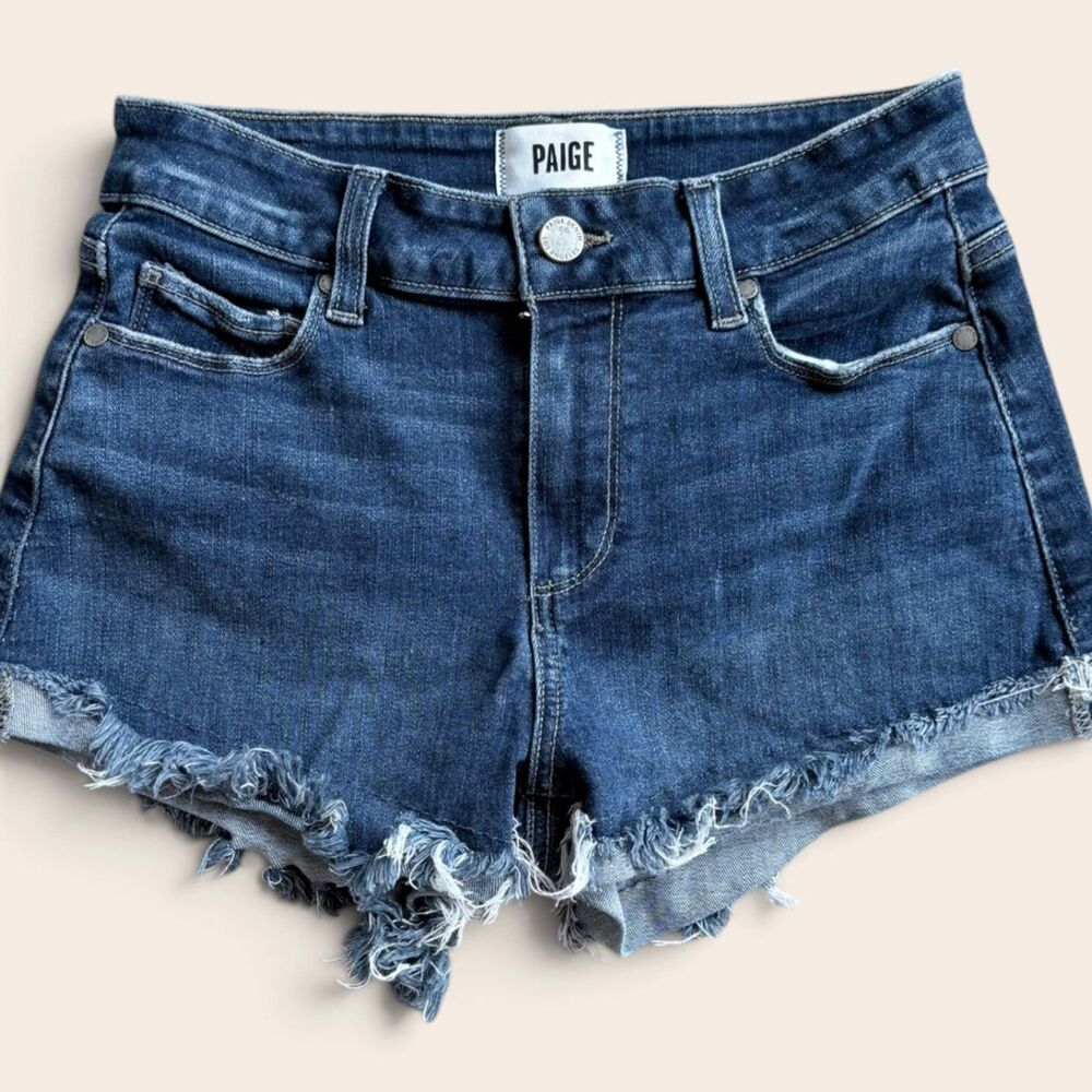 PAIGE Jimmy Jimmy Denim Shorts 24 Frayed Hem Cutoff Blue Stretch Festival